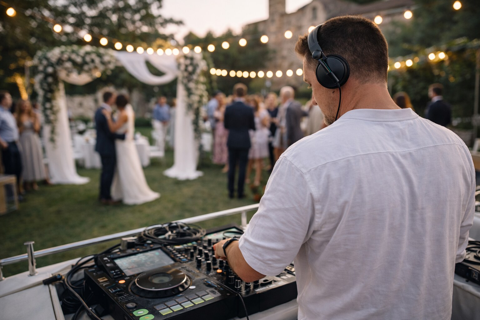 DJ mariage à Nice aux platines, guirlandes lumineuses et cérémonie en arrière-plan