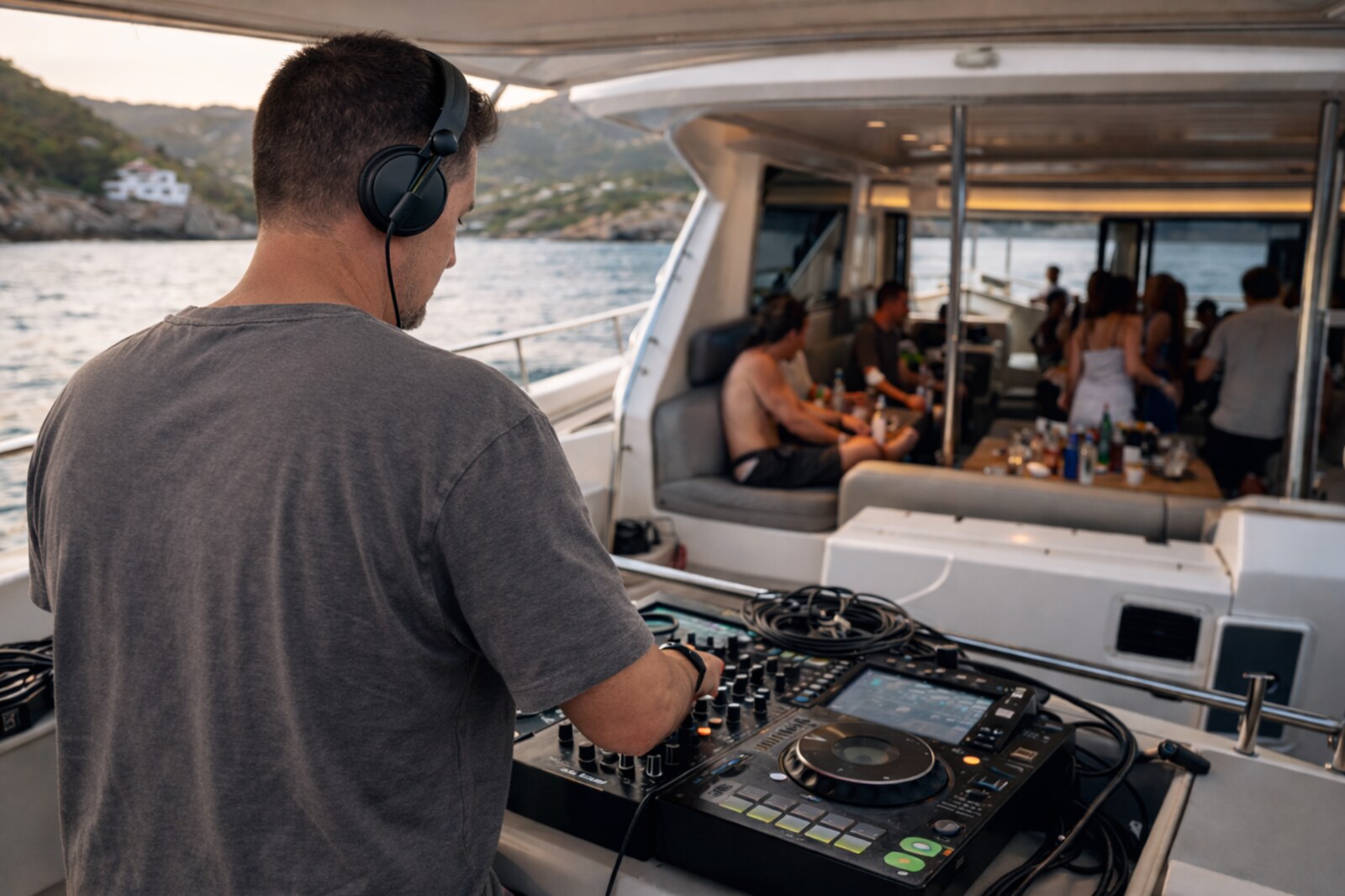 DJ Nice aux platines sur un yacht au coucher du soleil